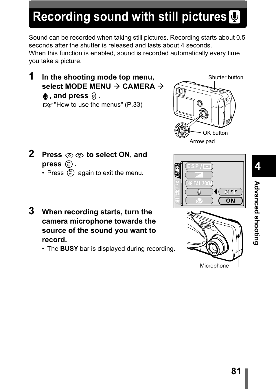 Recording sound with still pictures, P.81 | Olympus C-360Zoom User Manual | Page 82 / 197