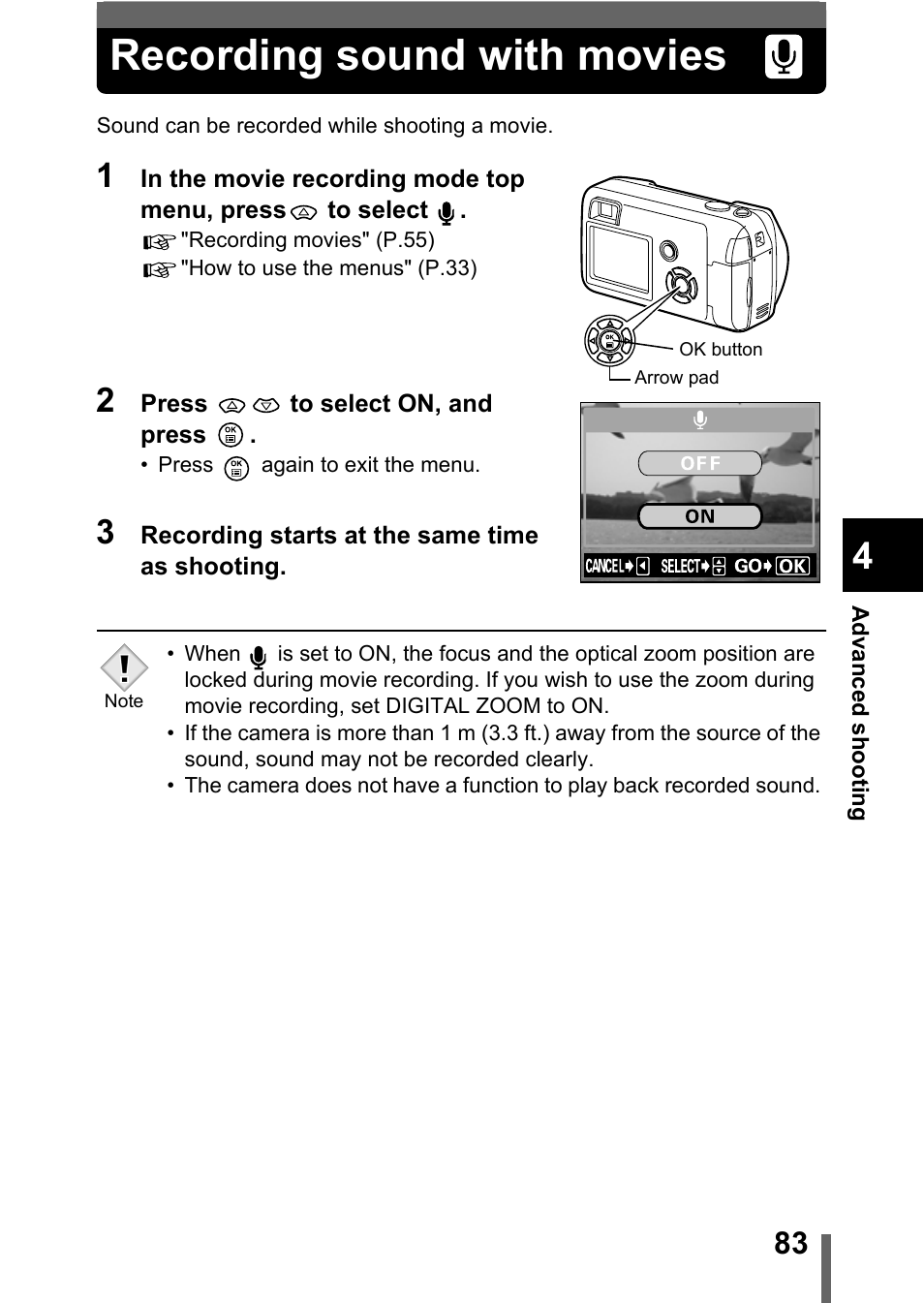 Recording sound with movies, P.83, Recording sound with movies" (p.83) | Olympus C-360Zoom User Manual | Page 84 / 197