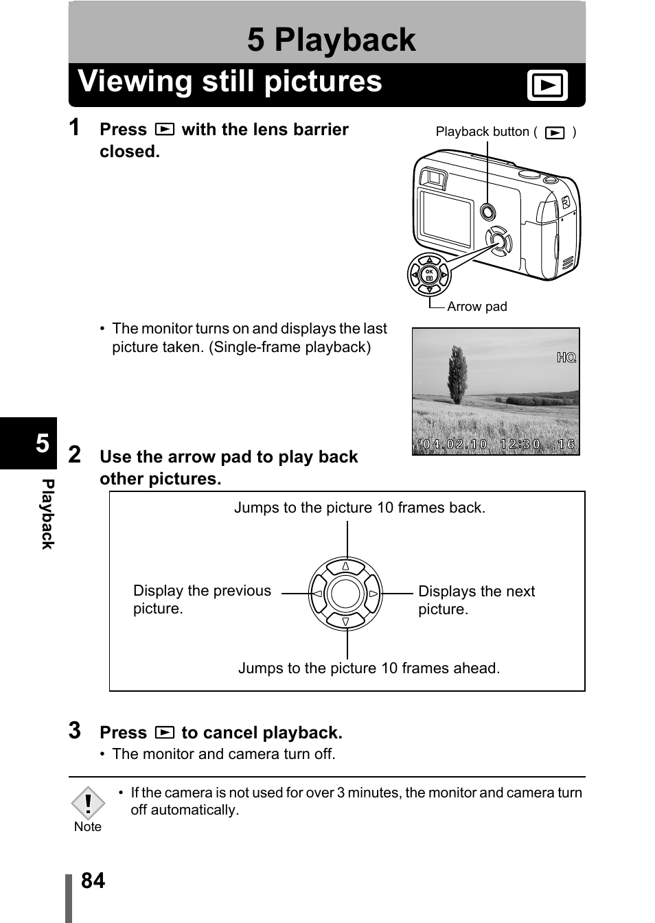 5 playback, Viewing still pictures, Playback | P.84 | Olympus C-360Zoom User Manual | Page 85 / 197