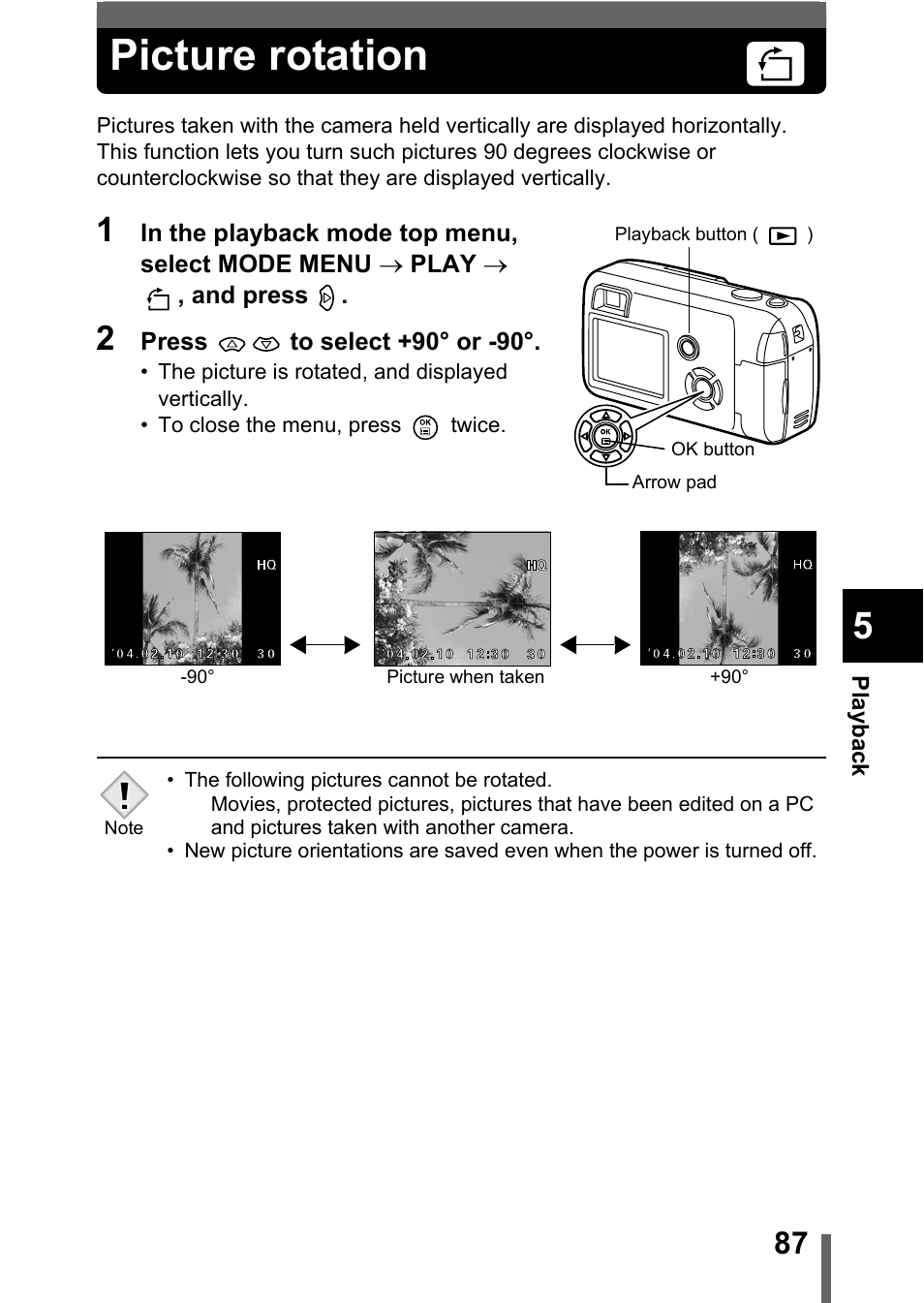 Picture rotation, P.87 | Olympus C-360Zoom User Manual | Page 88 / 197