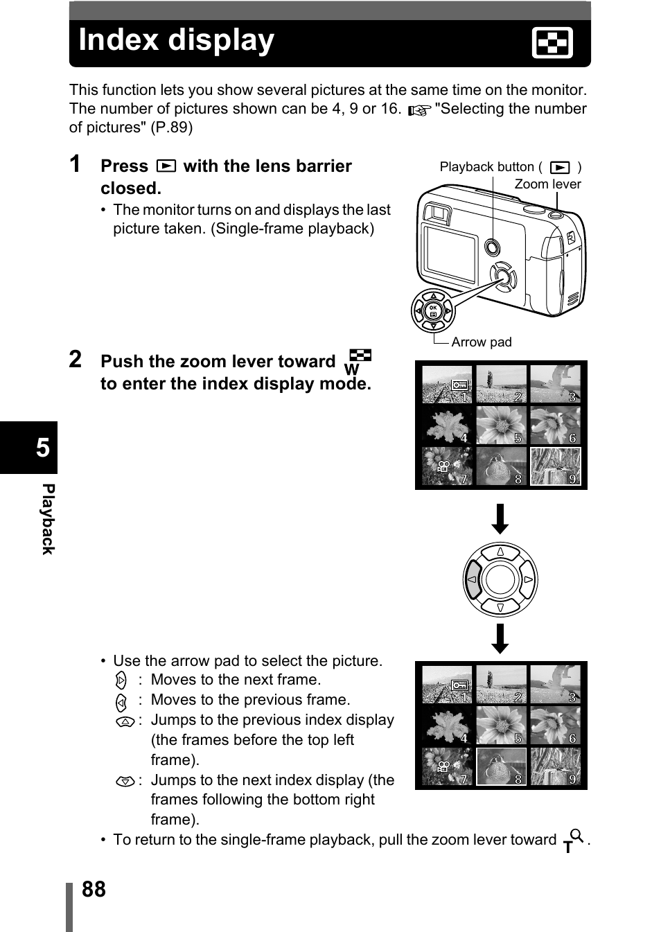 Index display, P.88 | Olympus C-360Zoom User Manual | Page 89 / 197