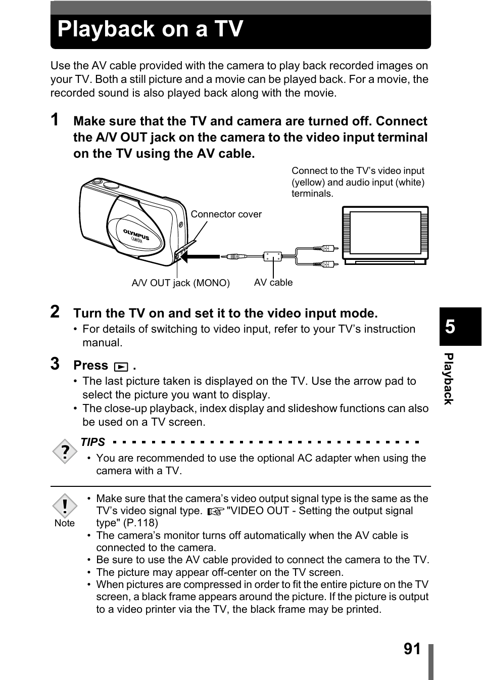 Playback on a tv, P.91 | Olympus C-360Zoom User Manual | Page 92 / 197