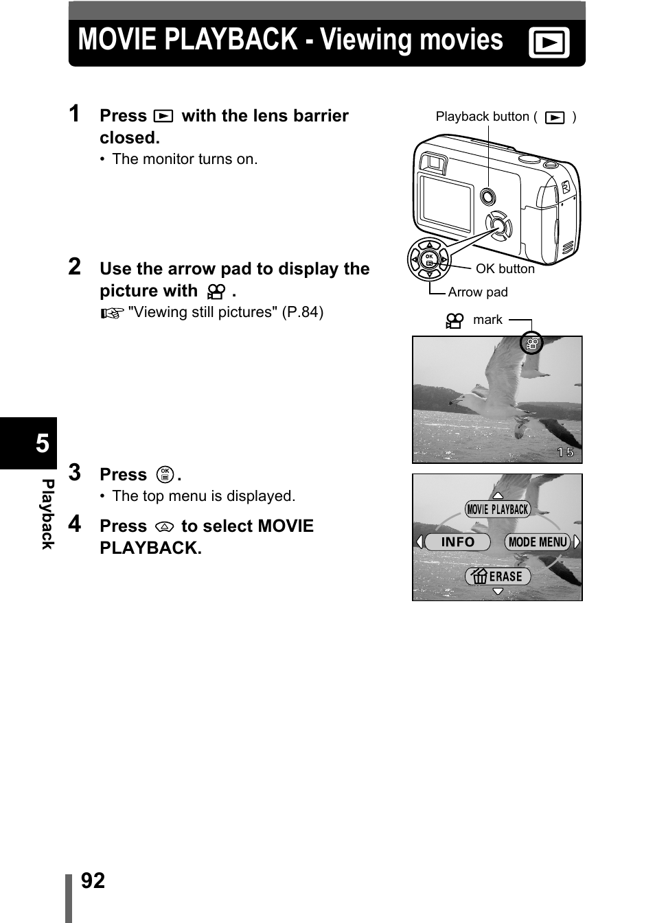 Movie playback - viewing movies, P.92 | Olympus C-360Zoom User Manual | Page 93 / 197