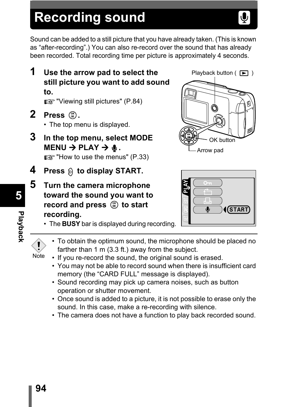 Recording sound, P.94 | Olympus C-360Zoom User Manual | Page 95 / 197