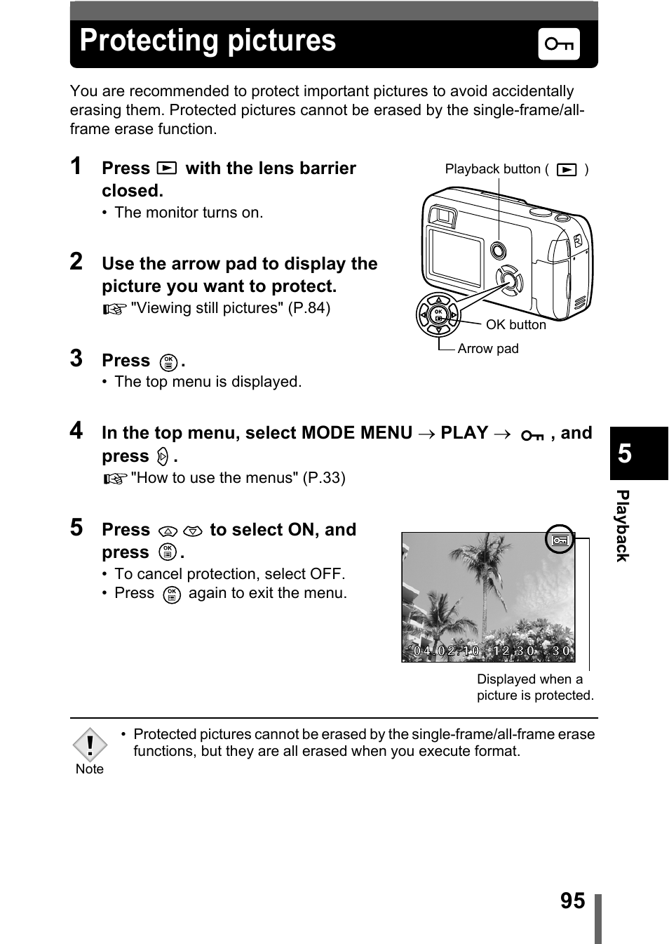 Protecting pictures, P.95 | Olympus C-360Zoom User Manual | Page 96 / 197