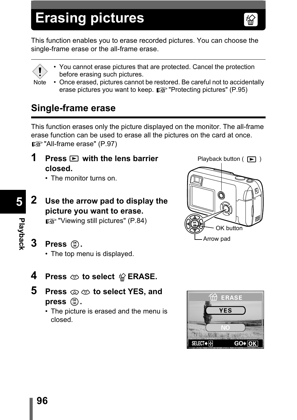 Erasing pictures, Single-frame erase, P.96 | Olympus C-360Zoom User Manual | Page 97 / 197