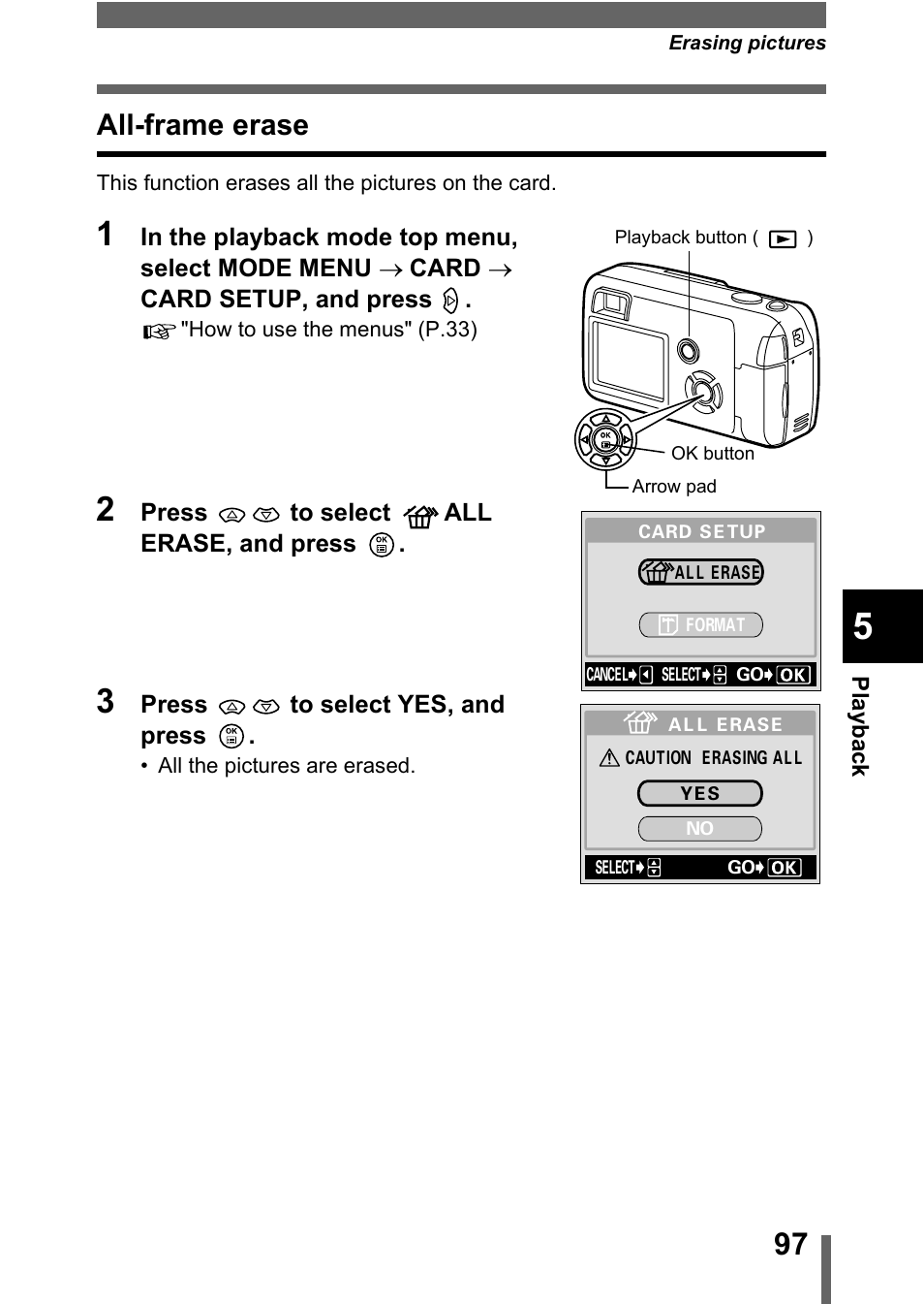 All-frame erase, P.97 | Olympus C-360Zoom User Manual | Page 98 / 197