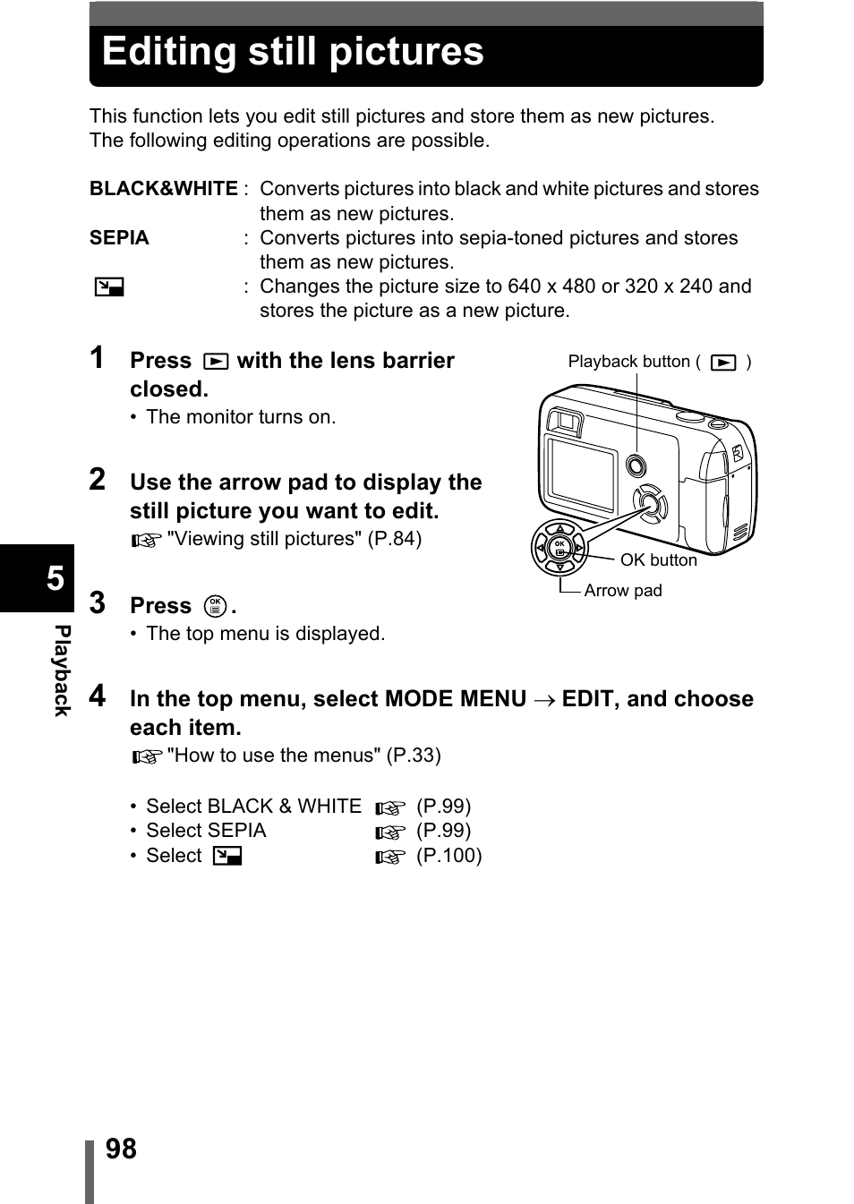 Editing still pictures | Olympus C-360Zoom User Manual | Page 99 / 197