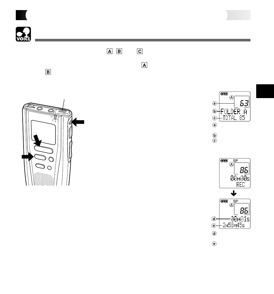 When using the dm-1 as a voice recorder, Recording, Voice | Olympus DM-1 User Manual | Page 21 / 64