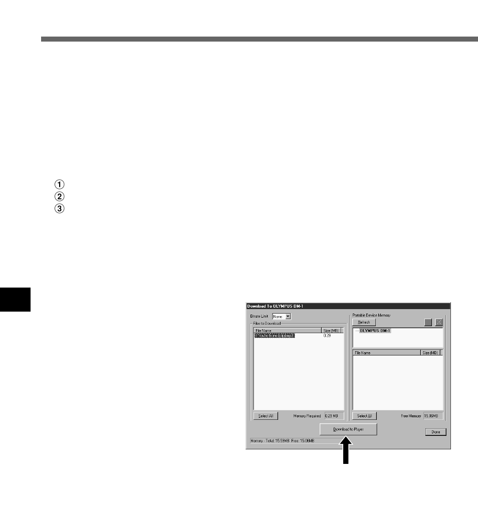 Transferring music files to the dm-1 | Olympus DM-1 User Manual | Page 44 / 64