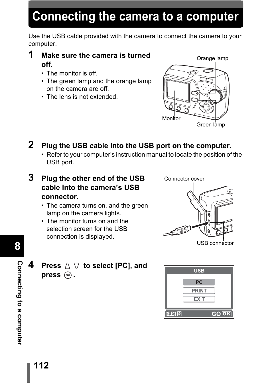 Connecting the camera to a computer, P.112 | Olympus C-370 ZOOM User Manual | Page 112 / 144