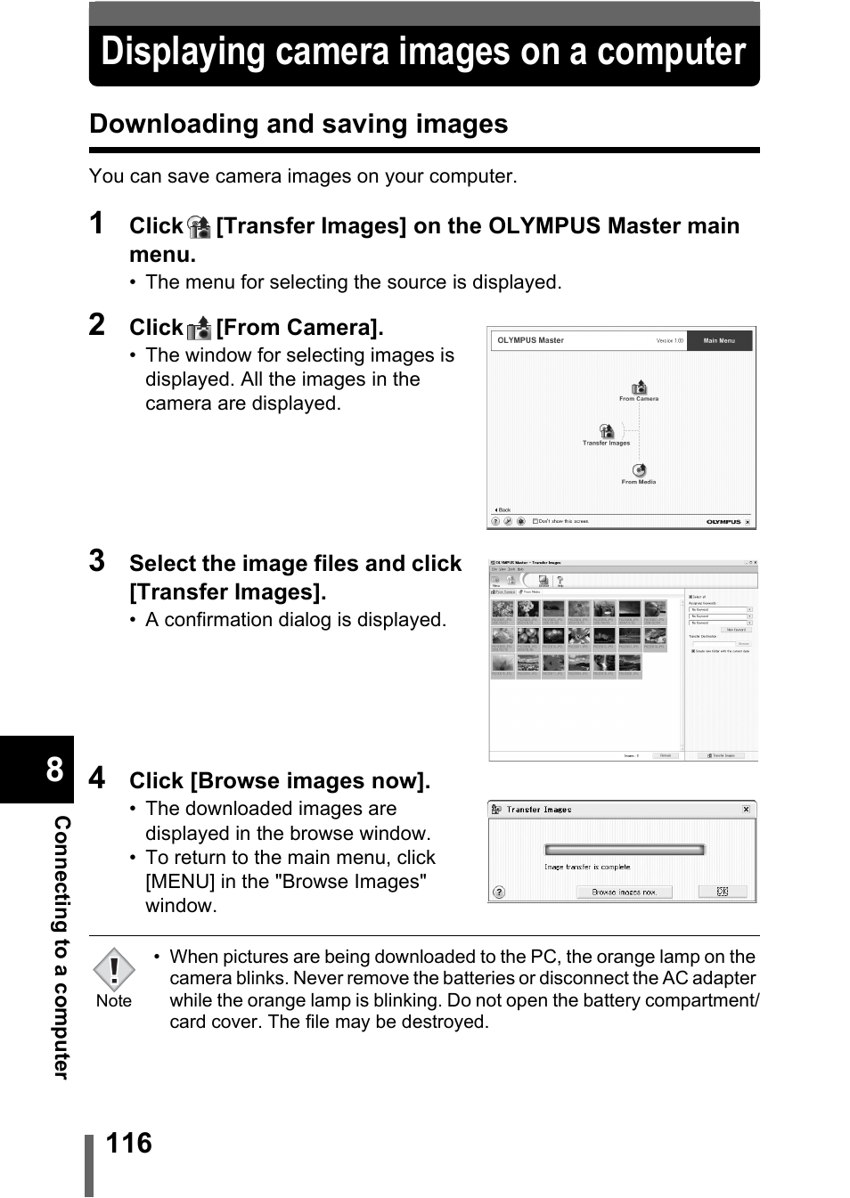 Displaying camera images on a computer, Downloading and saving images, P.116 | Olympus C-370 ZOOM User Manual | Page 116 / 144