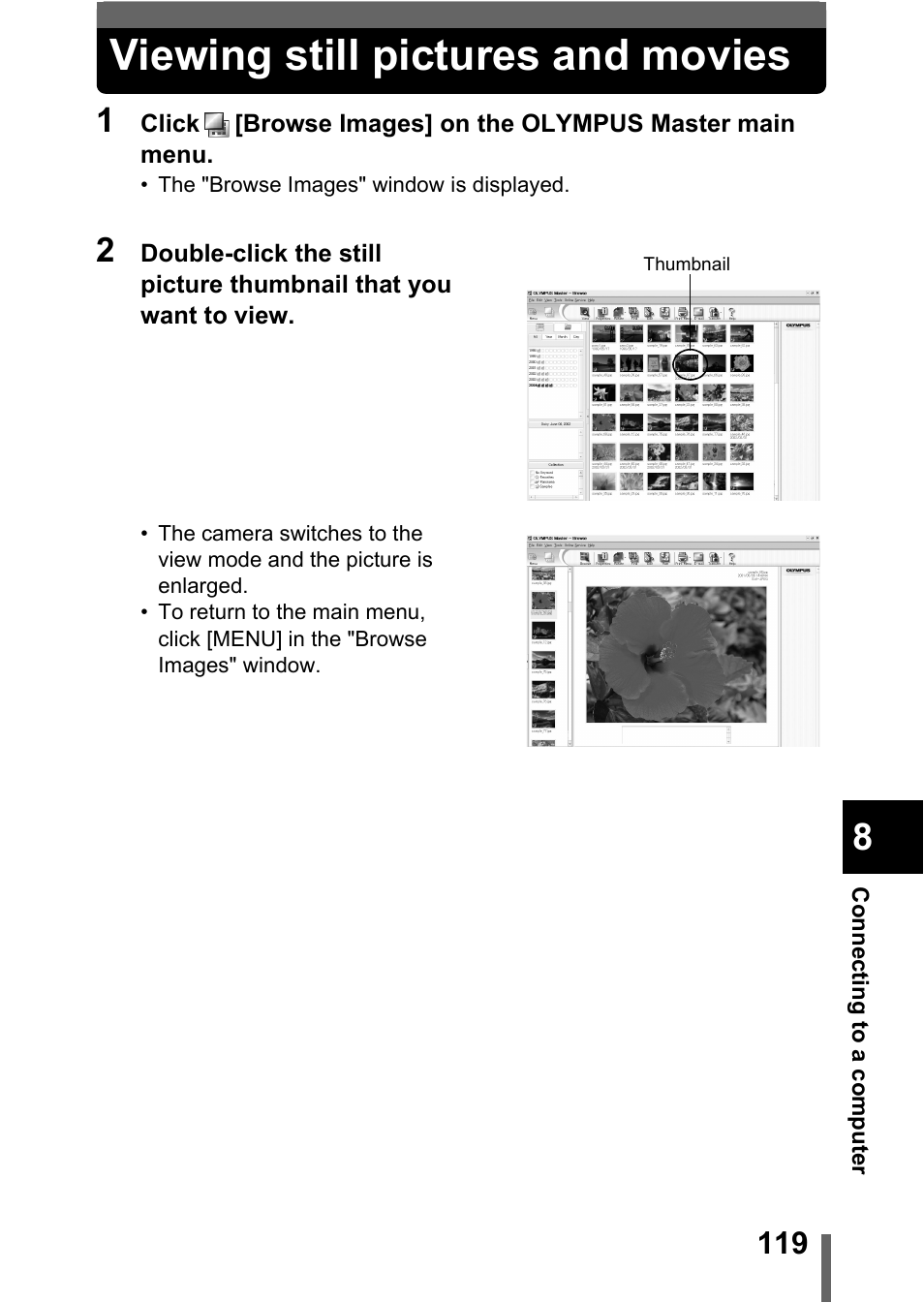 Viewing still pictures and movies | Olympus C-370 ZOOM User Manual | Page 119 / 144