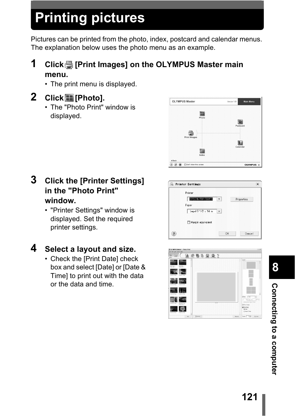 Printing pictures | Olympus C-370 ZOOM User Manual | Page 121 / 144