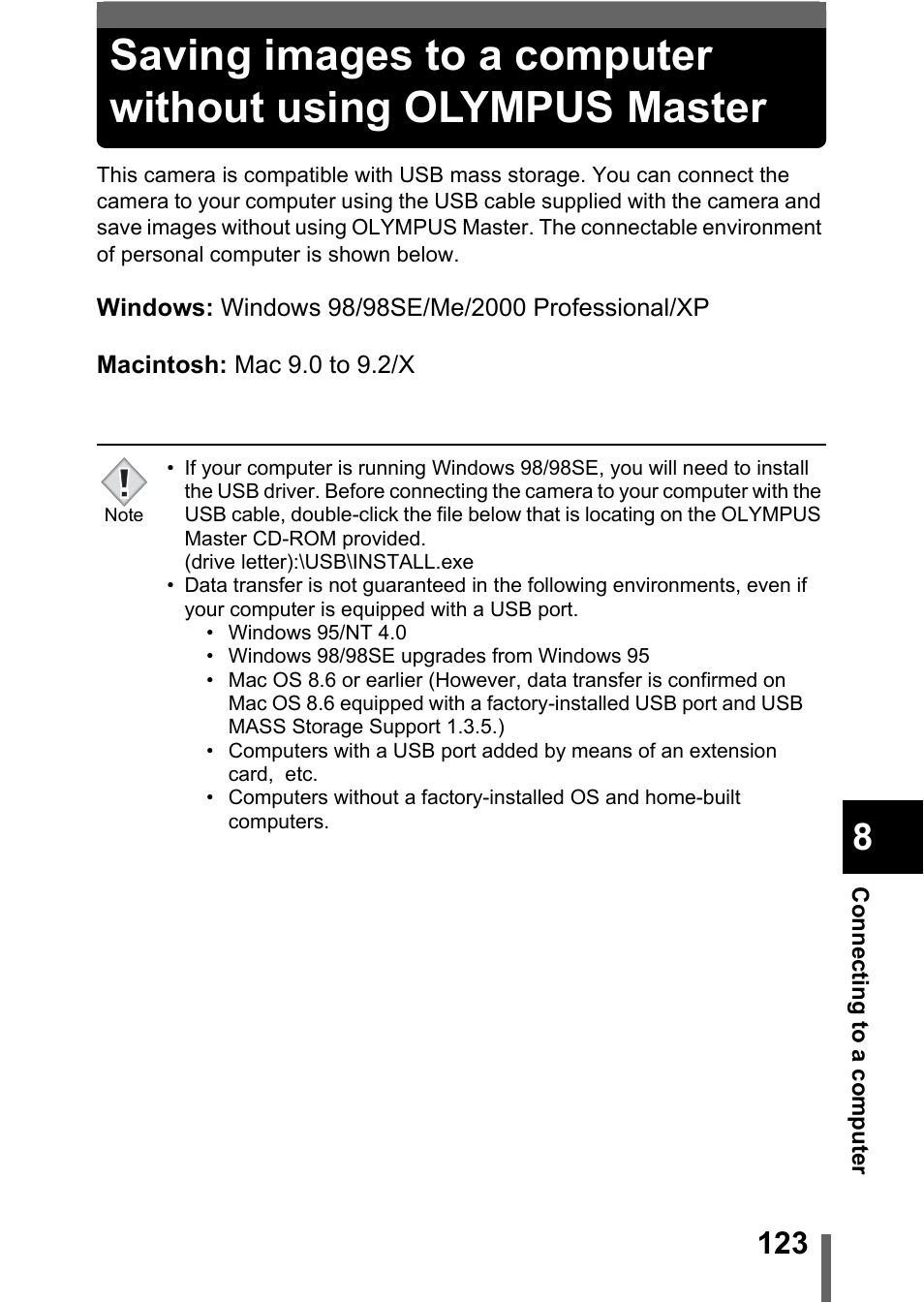 Saving images to a computer without using, Olympus master | Olympus C-370 ZOOM User Manual | Page 123 / 144