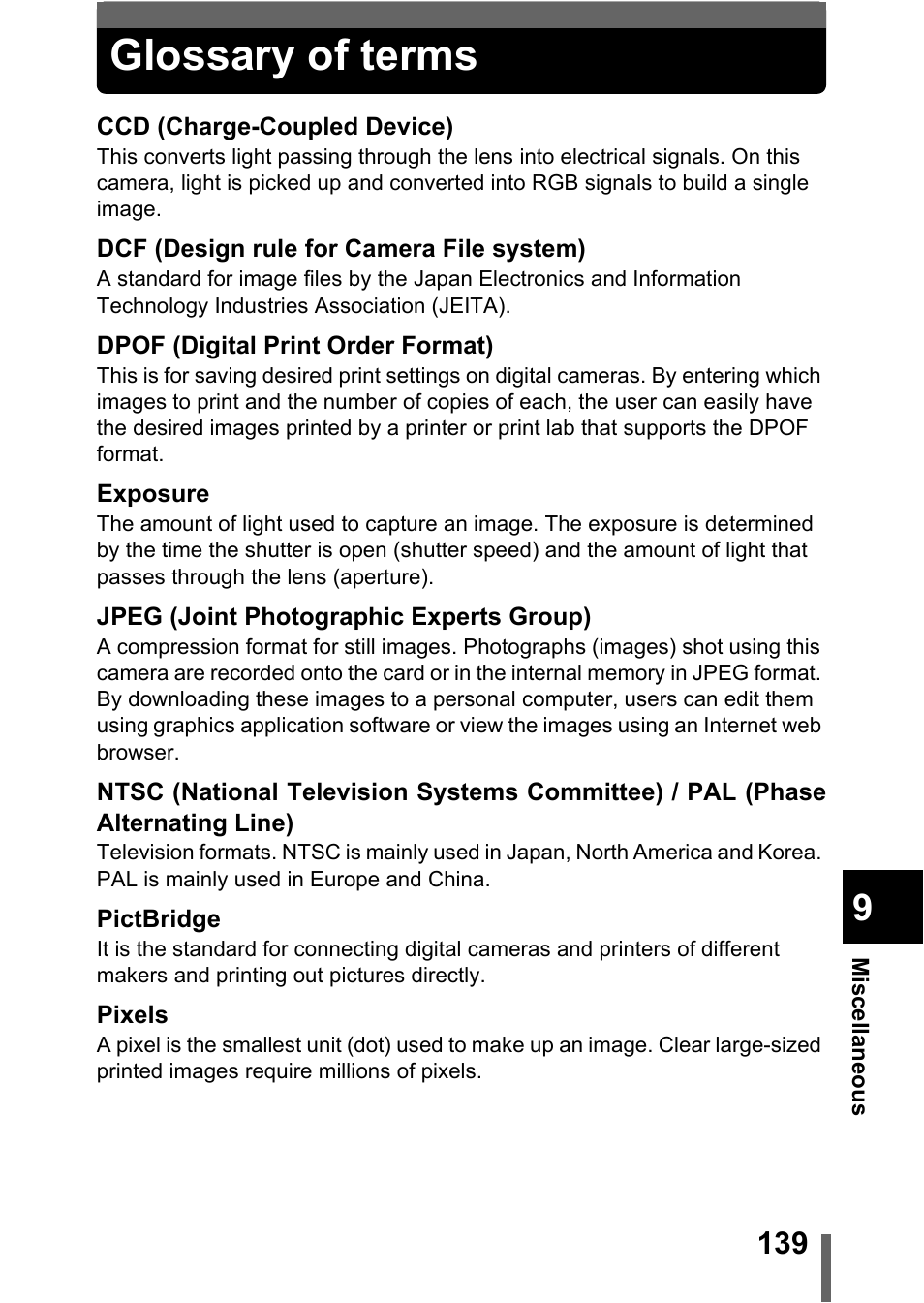 Glossary of terms, P.139 | Olympus C-370 ZOOM User Manual | Page 139 / 144