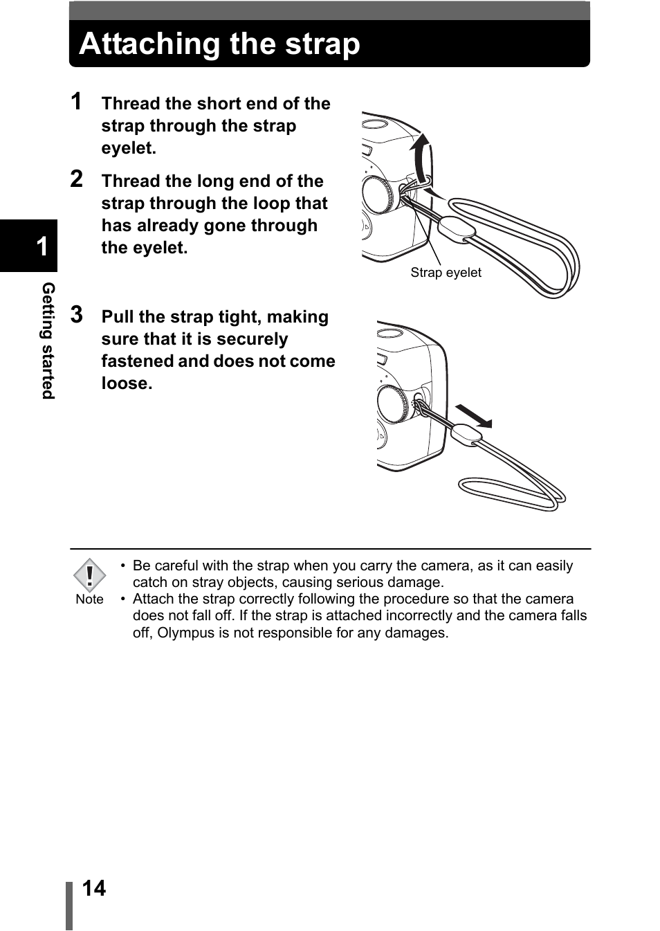 Attaching the strap, P.14 | Olympus C-370 ZOOM User Manual | Page 14 / 144