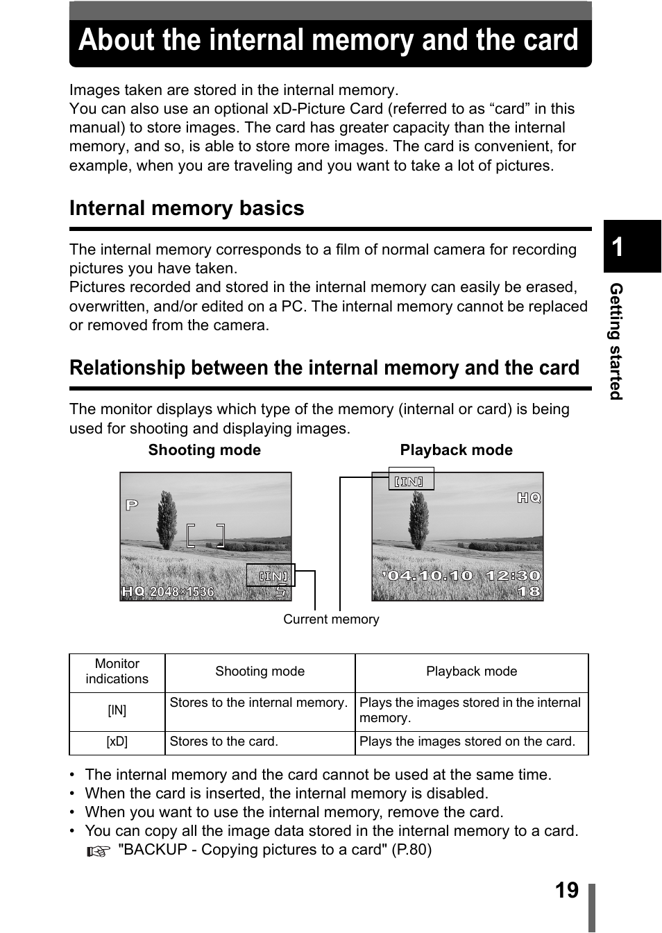 About the internal memory and the card, Internal memory basics, P.19 | Olympus C-370 ZOOM User Manual | Page 19 / 144