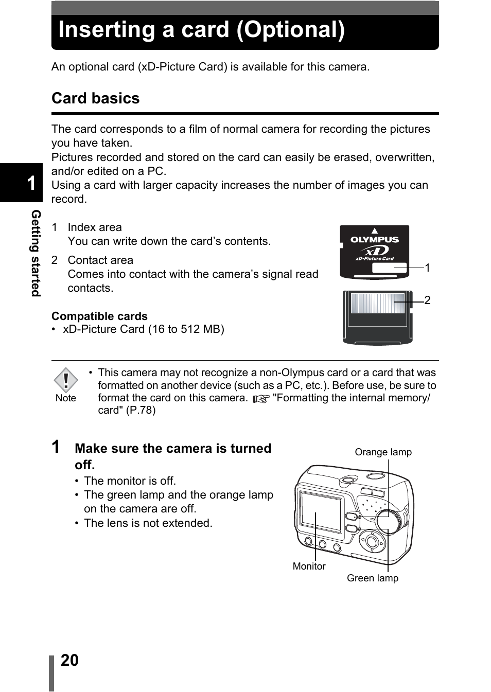 Inserting a card (optional), Card basics | Olympus C-370 ZOOM User Manual | Page 20 / 144
