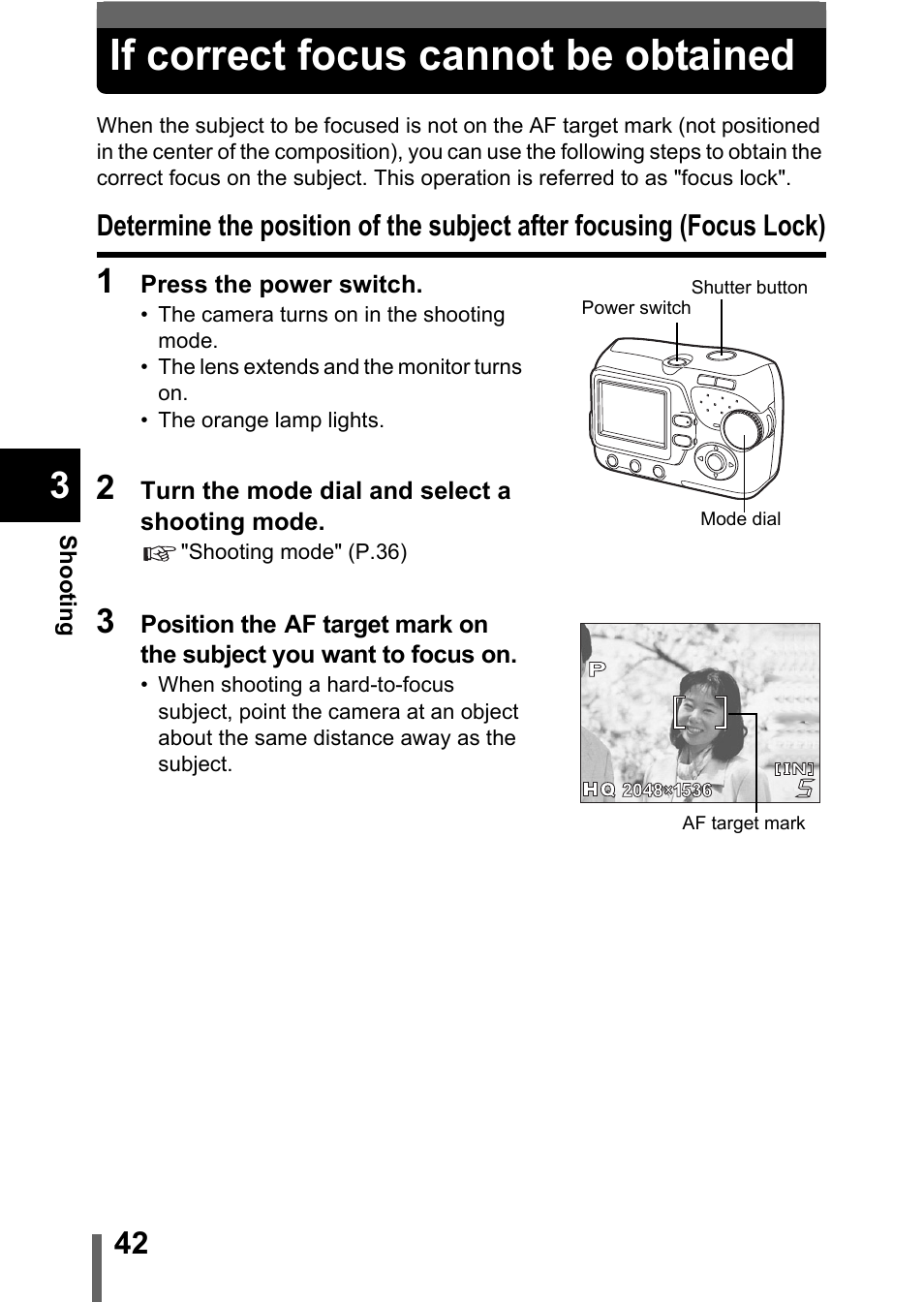 If correct focus cannot be obtained, Focus lock), If correct focus cannot be obtained" (p.42) | Olympus C-370 ZOOM User Manual | Page 42 / 144