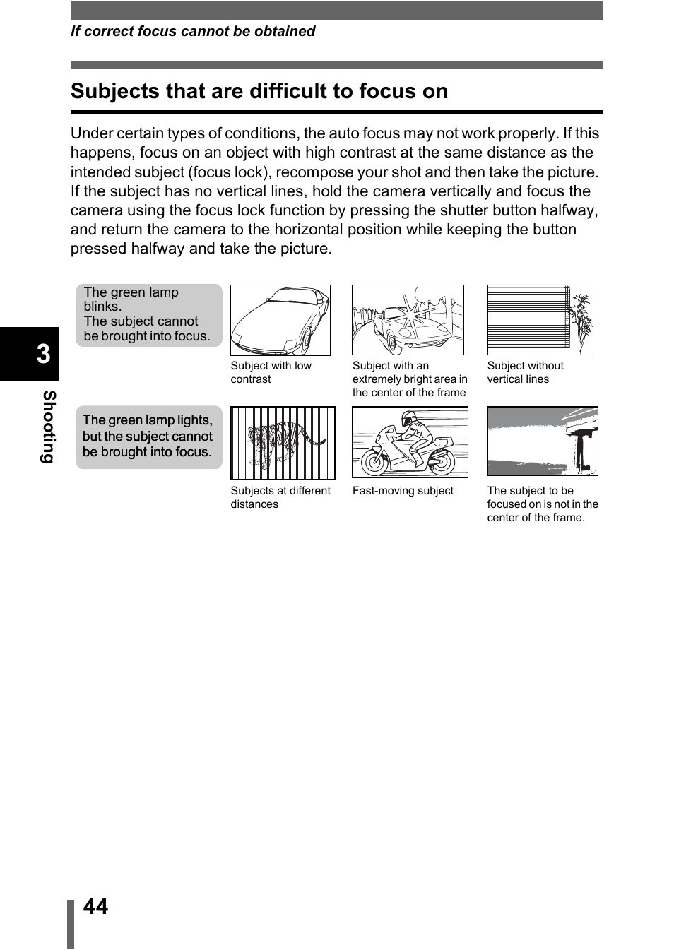 Subjects that are difficult to focus on | Olympus C-370 ZOOM User Manual | Page 44 / 144