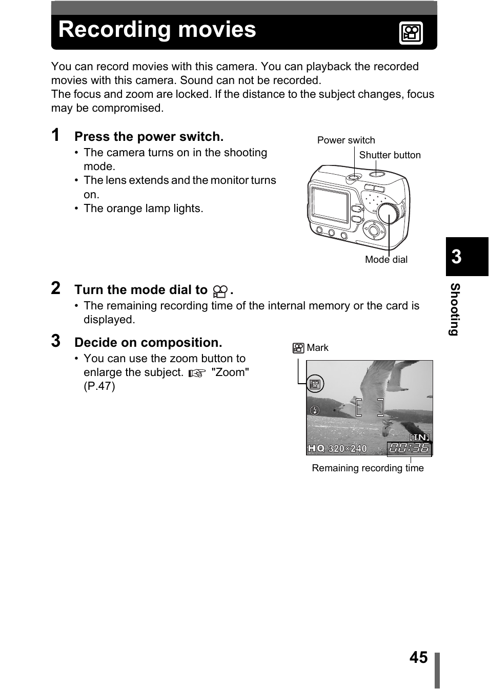 Recording movies, P.45, Recording | Movies, P.45) | Olympus C-370 ZOOM User Manual | Page 45 / 144