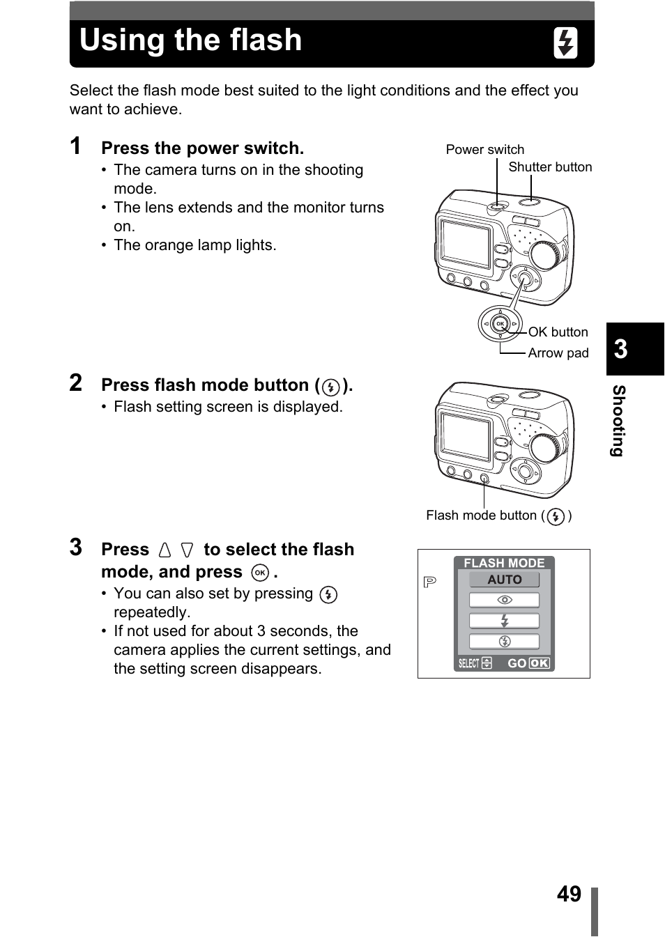 Using the flash, P.49, Using the flash" (p.49) | Olympus C-370 ZOOM User Manual | Page 49 / 144