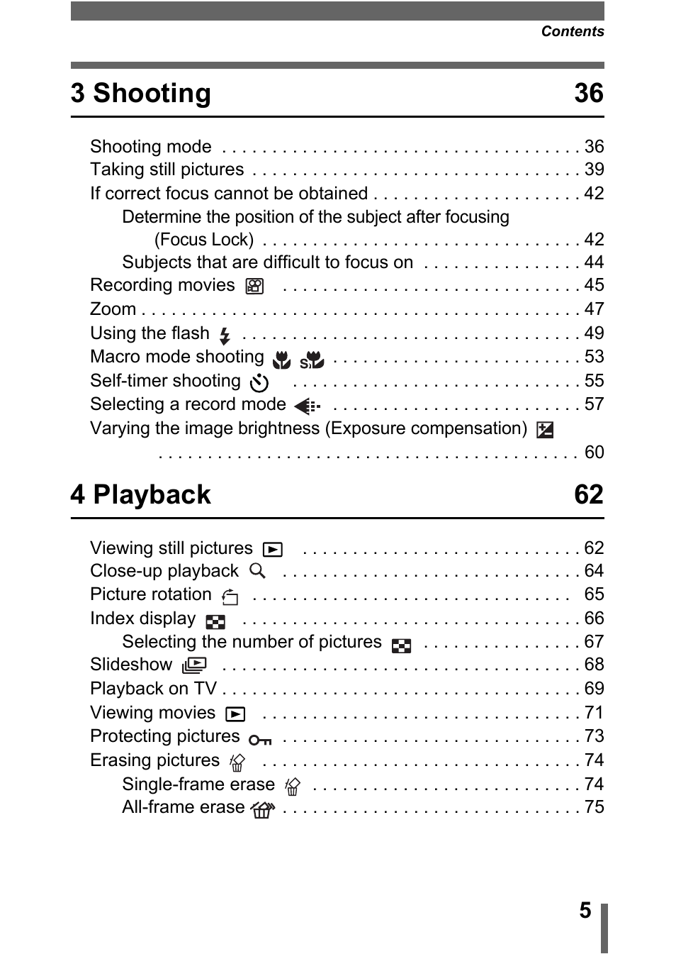 3 shooting 36, 4 playback 62 | Olympus C-370 ZOOM User Manual | Page 5 / 144