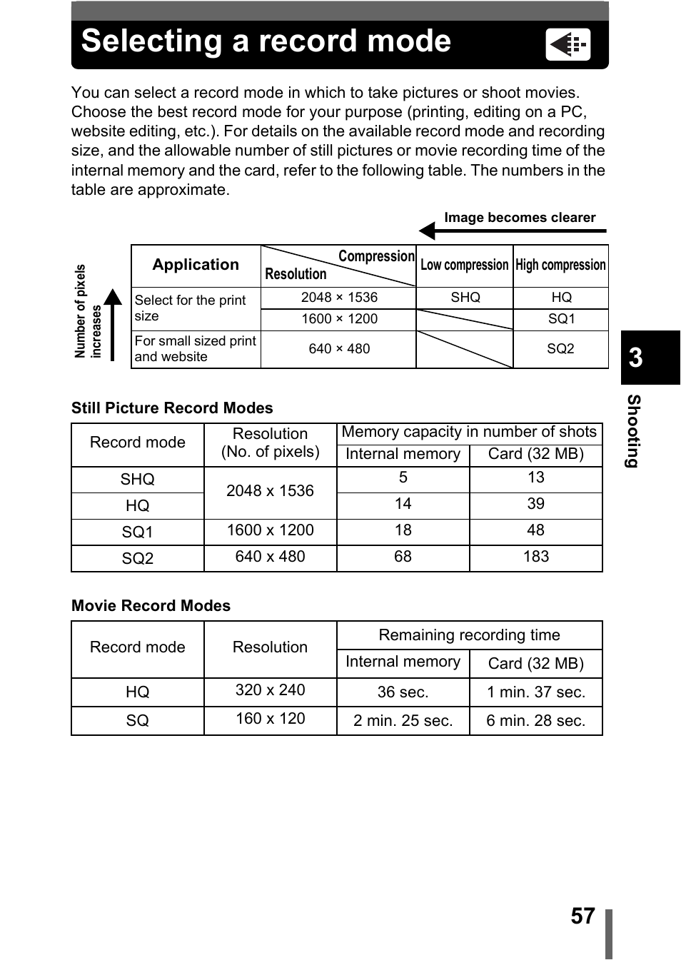 Selecting a record mode, P.57, Es (p.57) | Olympus C-370 ZOOM User Manual | Page 57 / 144