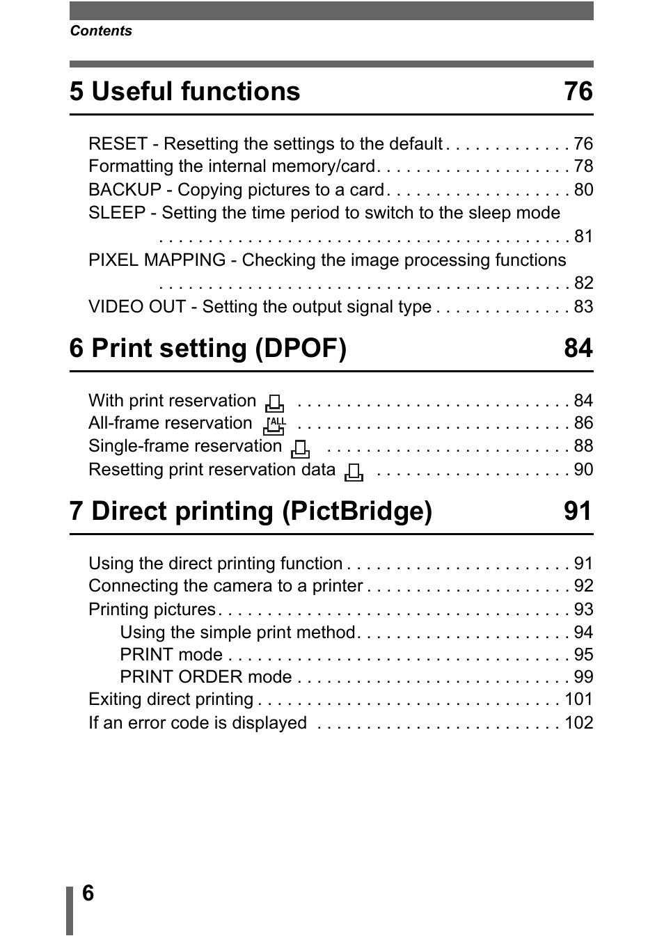 5 useful functions 76, 6 print setting (dpof) 84, 7 direct printing (pictbridge) 91 | Olympus C-370 ZOOM User Manual | Page 6 / 144