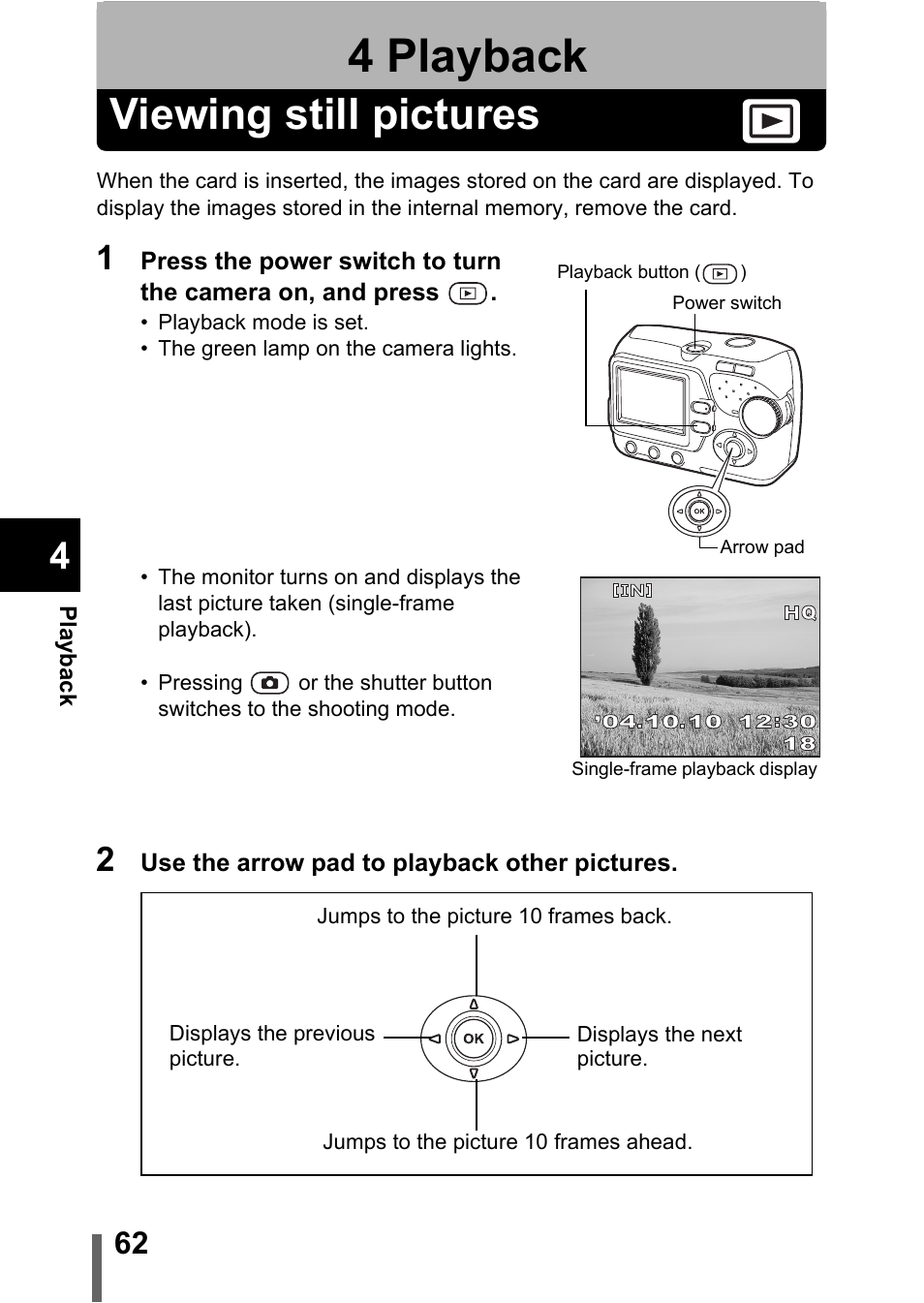 4 playback, Viewing still pictures, Playback | P.62 | Olympus C-370 ZOOM User Manual | Page 62 / 144