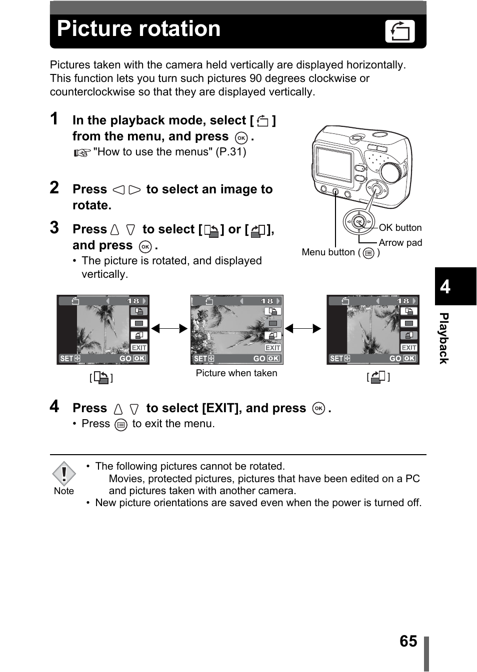 Picture rotation, P.65 | Olympus C-370 ZOOM User Manual | Page 65 / 144