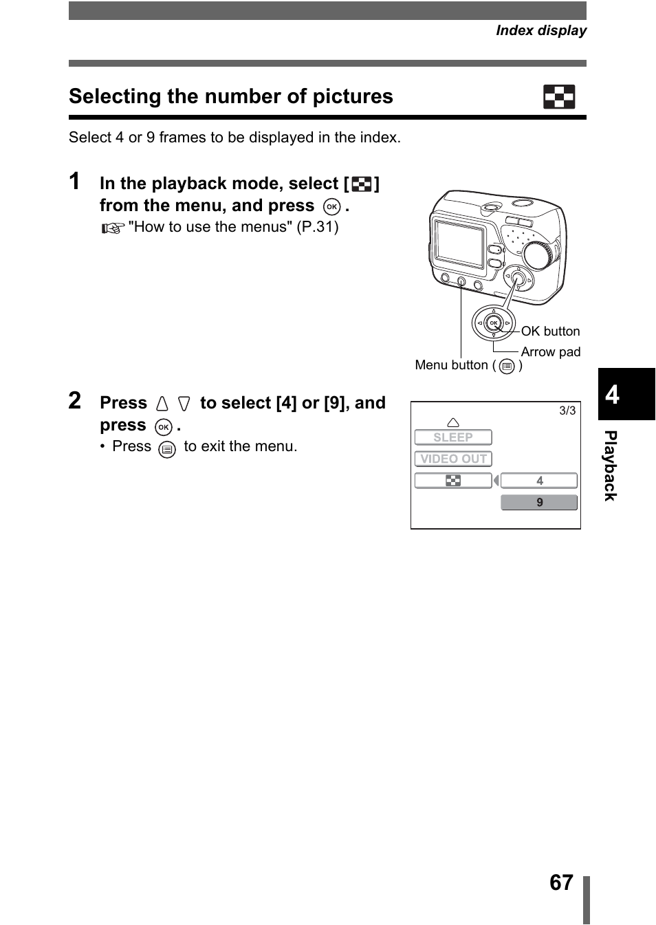 Selecting the number of pictures | Olympus C-370 ZOOM User Manual | Page 67 / 144