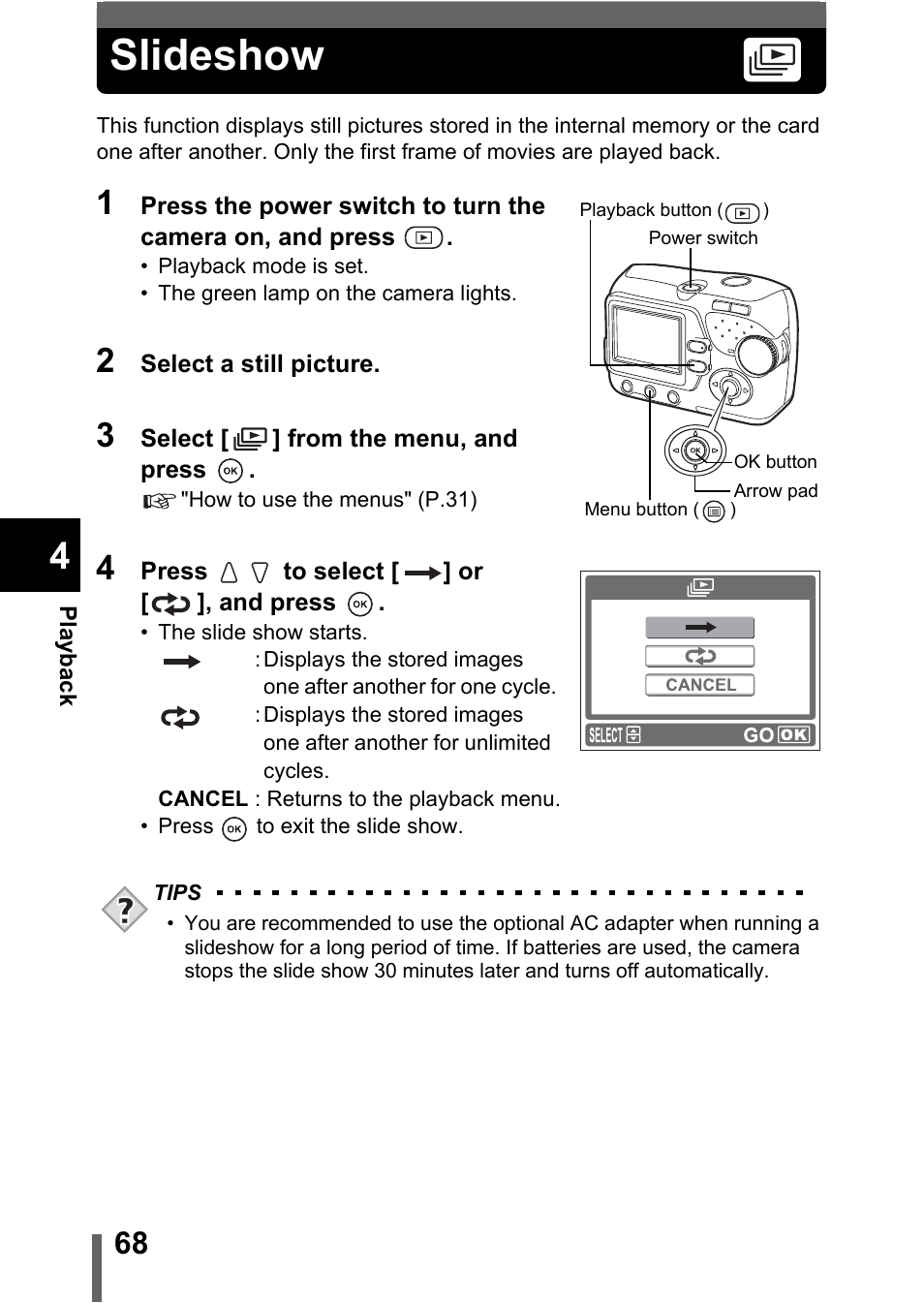 Slideshow, P.68 | Olympus C-370 ZOOM User Manual | Page 68 / 144