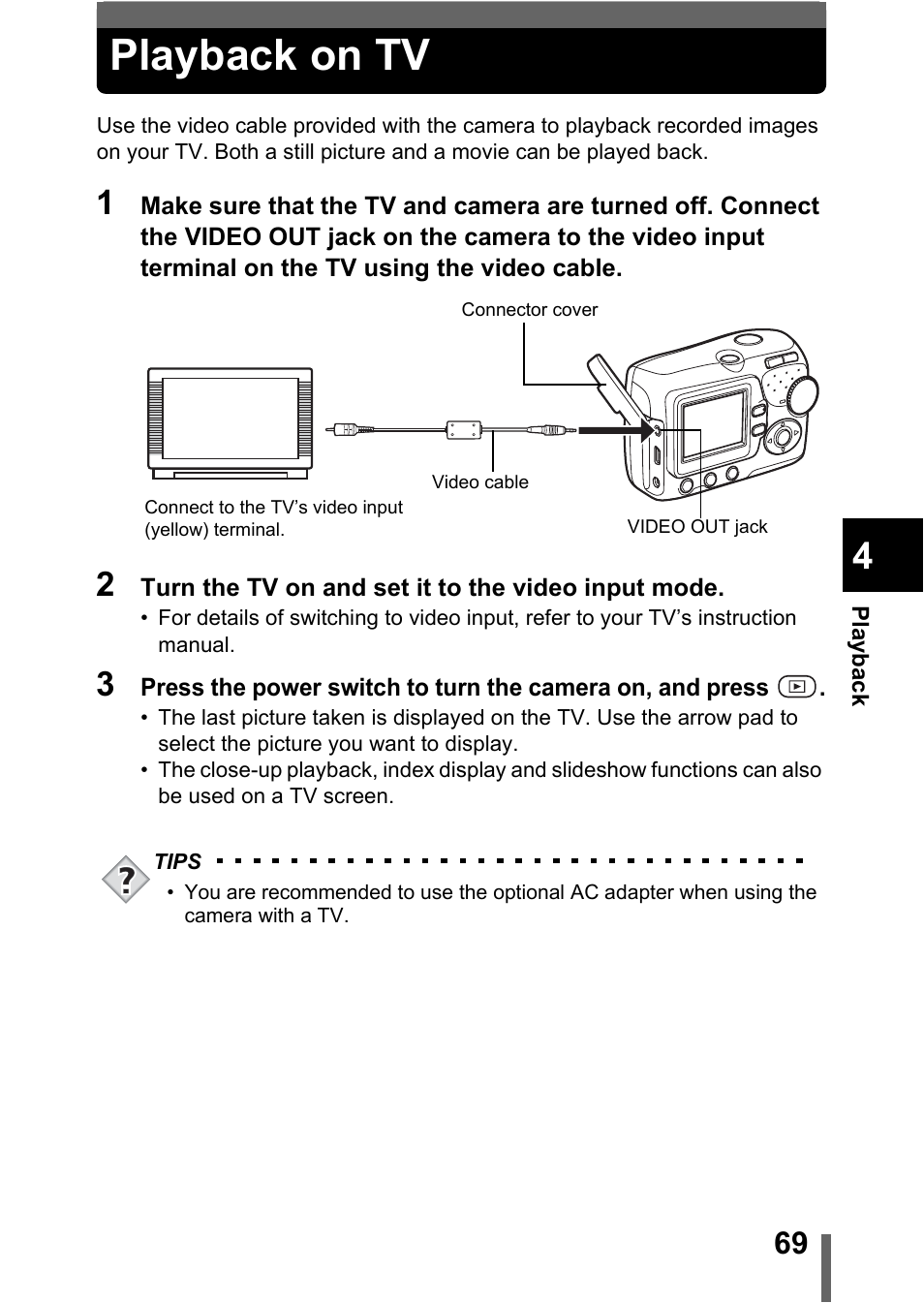 Playback on tv, P.69 | Olympus C-370 ZOOM User Manual | Page 69 / 144