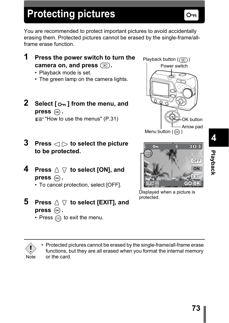 Protecting pictures, P.73 | Olympus C-370 ZOOM User Manual | Page 73 / 144