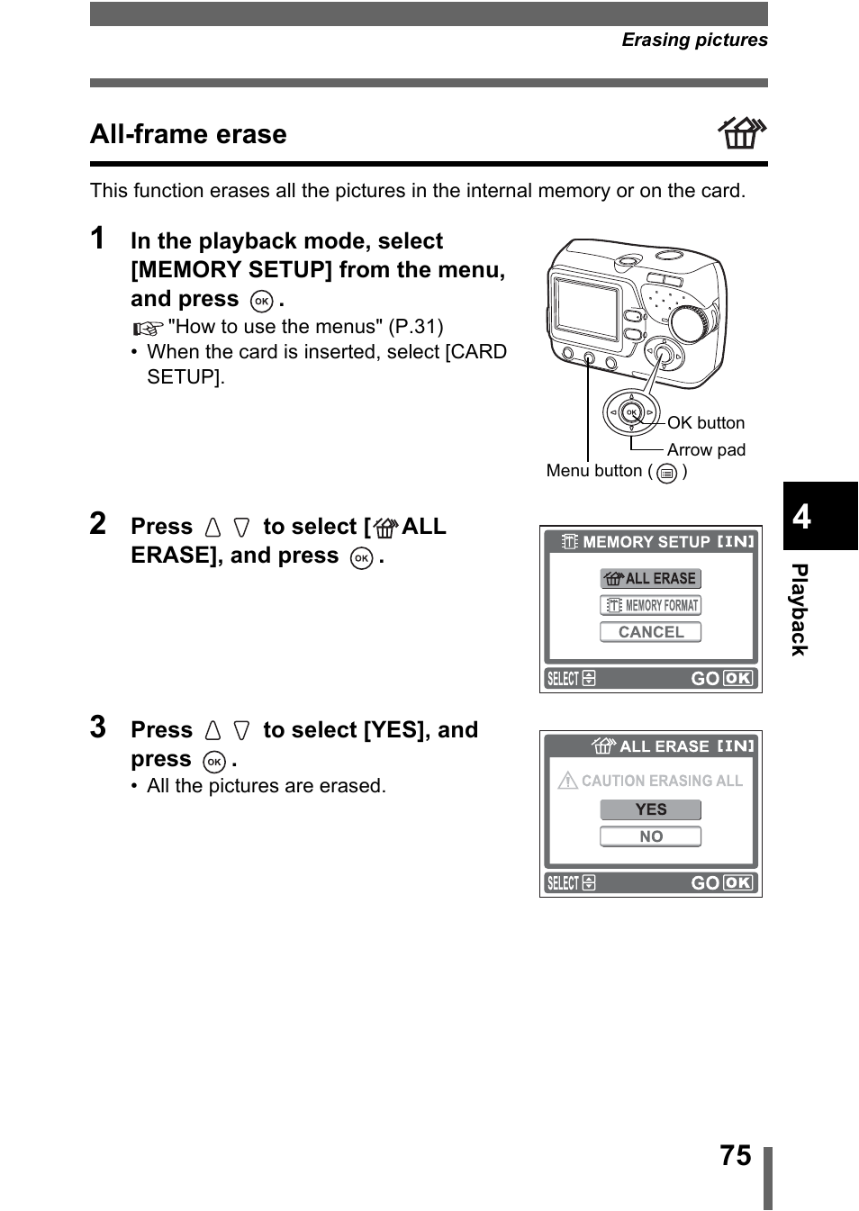All-frame erase, P.75, 78 | Olympus C-370 ZOOM User Manual | Page 75 / 144