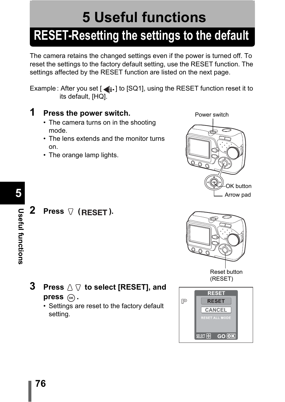 5 useful functions, Reset-resetting the settings to the default, Useful functions | P.76, Reset - resetting the settings to the default | Olympus C-370 ZOOM User Manual | Page 76 / 144