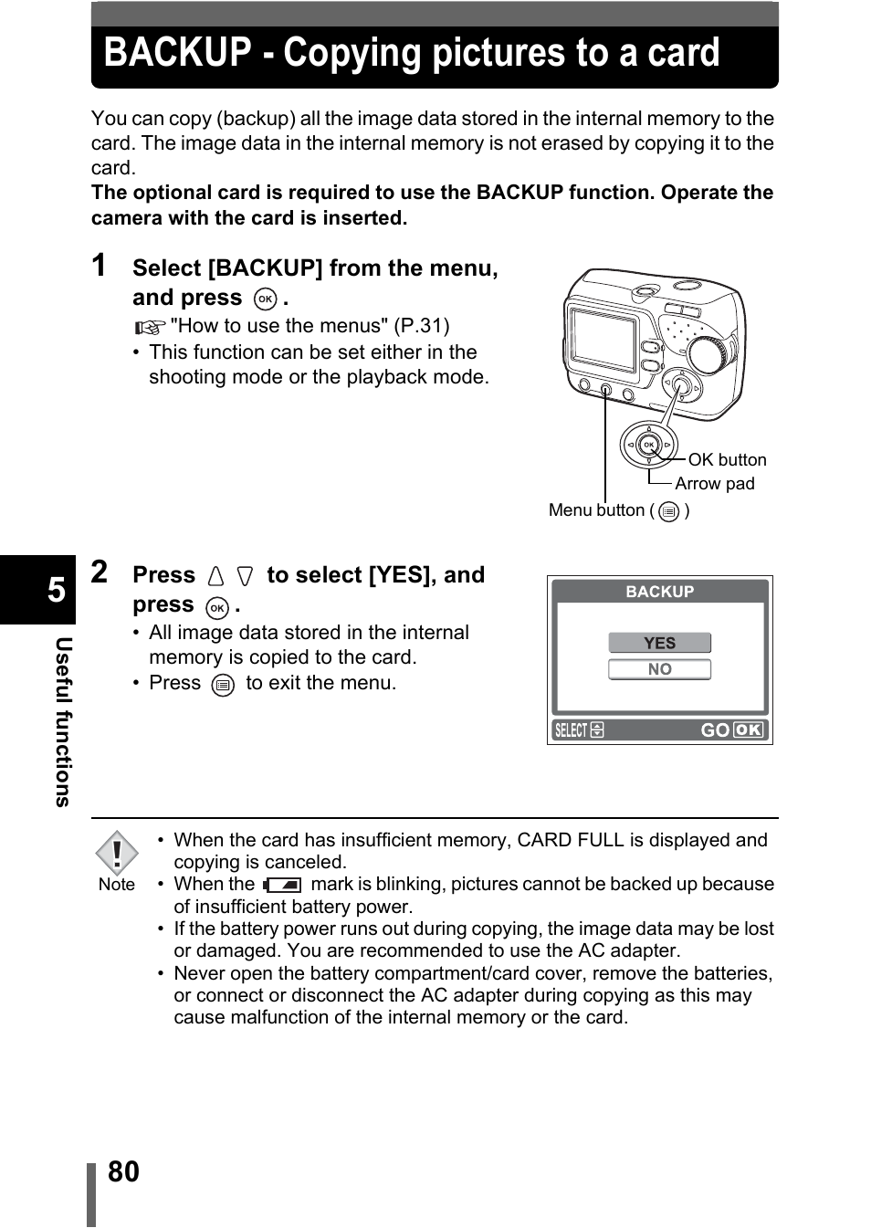 Backup - copying pictures to a card, P.80 | Olympus C-370 ZOOM User Manual | Page 80 / 144
