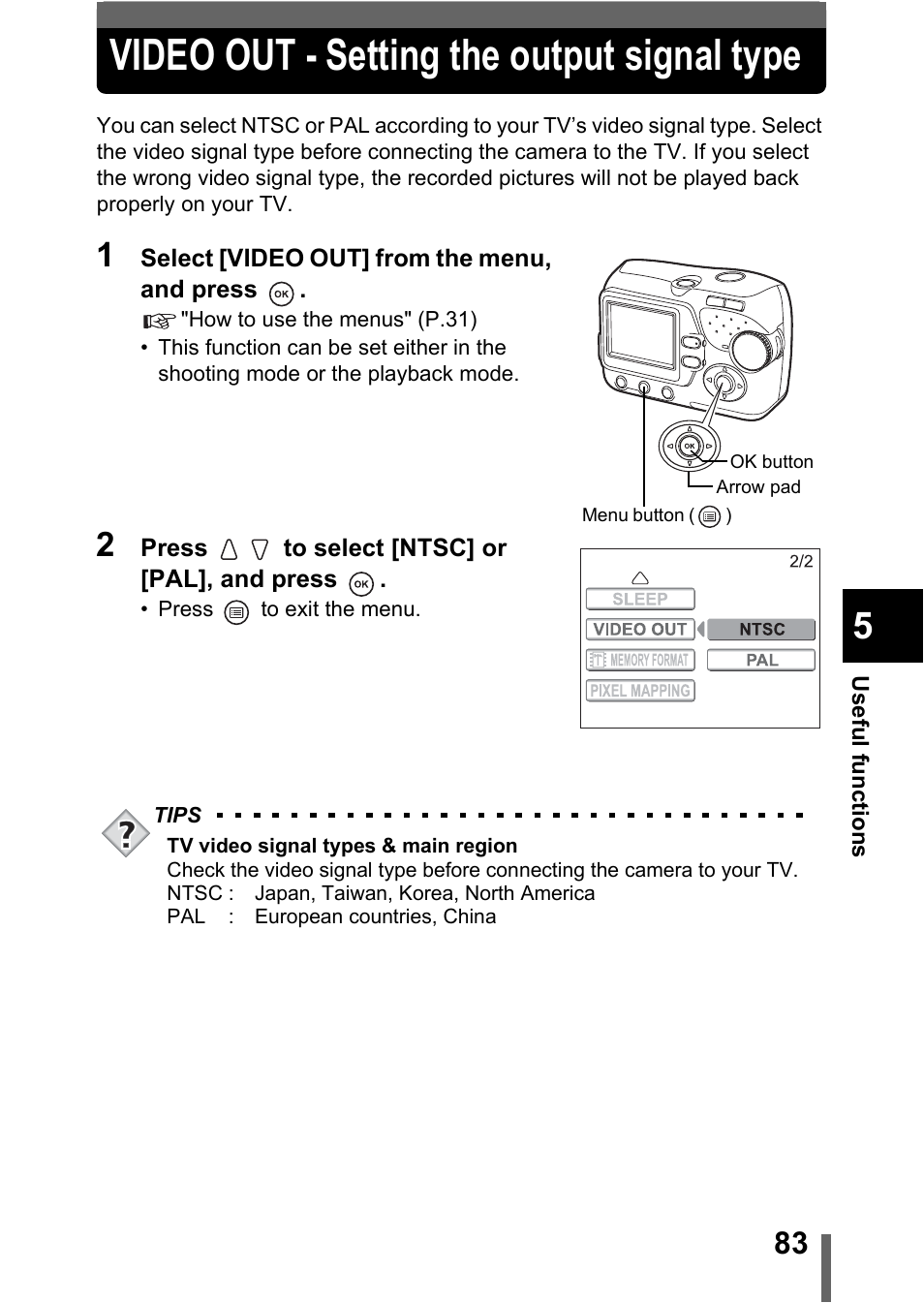 Video out - setting the output signal type, P.83 | Olympus C-370 ZOOM User Manual | Page 83 / 144