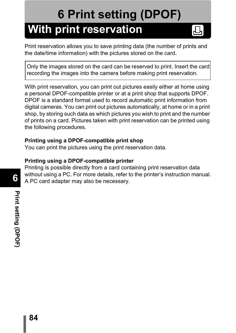 6 print setting (dpof), With print reservation, Print setting (dpof) | P.84 | Olympus C-370 ZOOM User Manual | Page 84 / 144