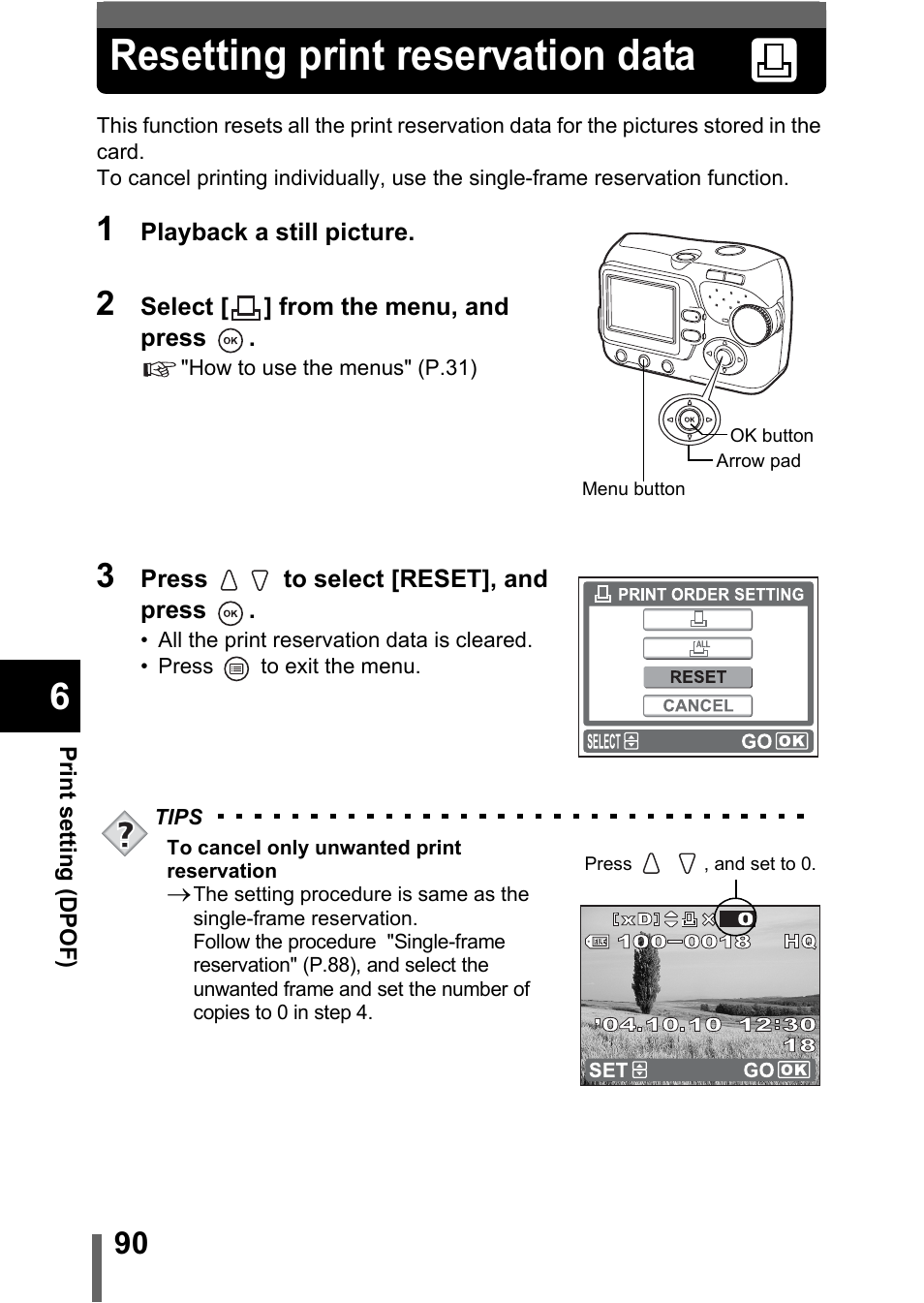 Resetting print reservation data | Olympus C-370 ZOOM User Manual | Page 90 / 144