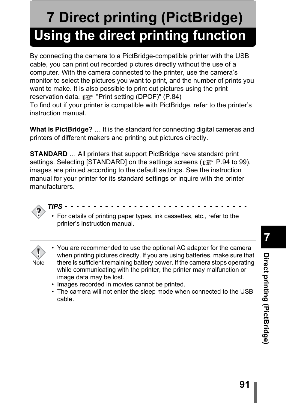 7 direct printing (pictbridge), Using the direct printing function, P.91 | Direct printing (pictbridge) | Olympus C-370 ZOOM User Manual | Page 91 / 144