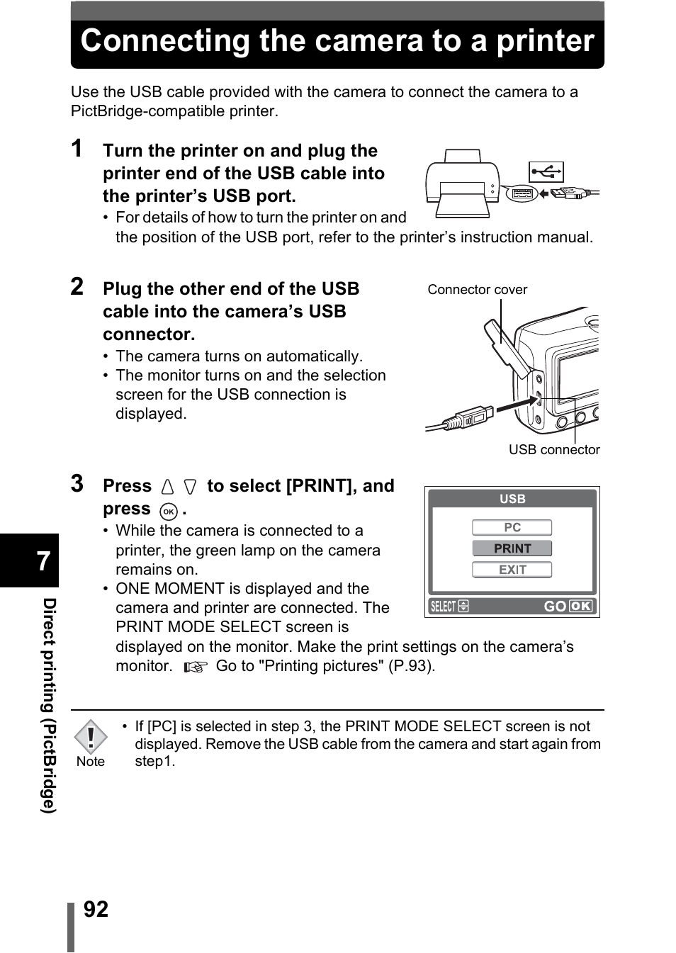 Connecting the camera to a printer, P.92 | Olympus C-370 ZOOM User Manual | Page 92 / 144