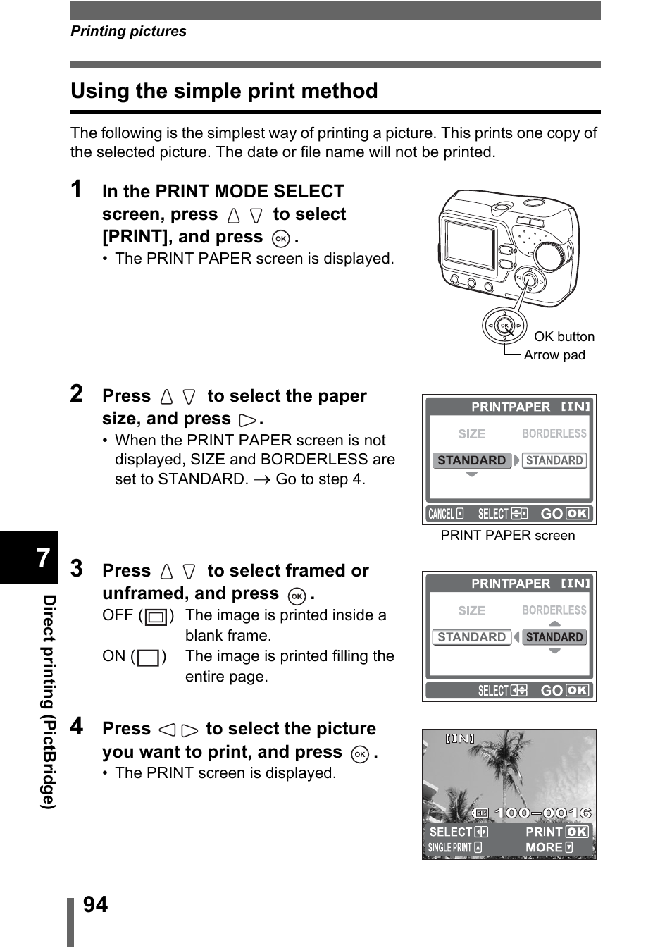 Using the simple print method | Olympus C-370 ZOOM User Manual | Page 94 / 144