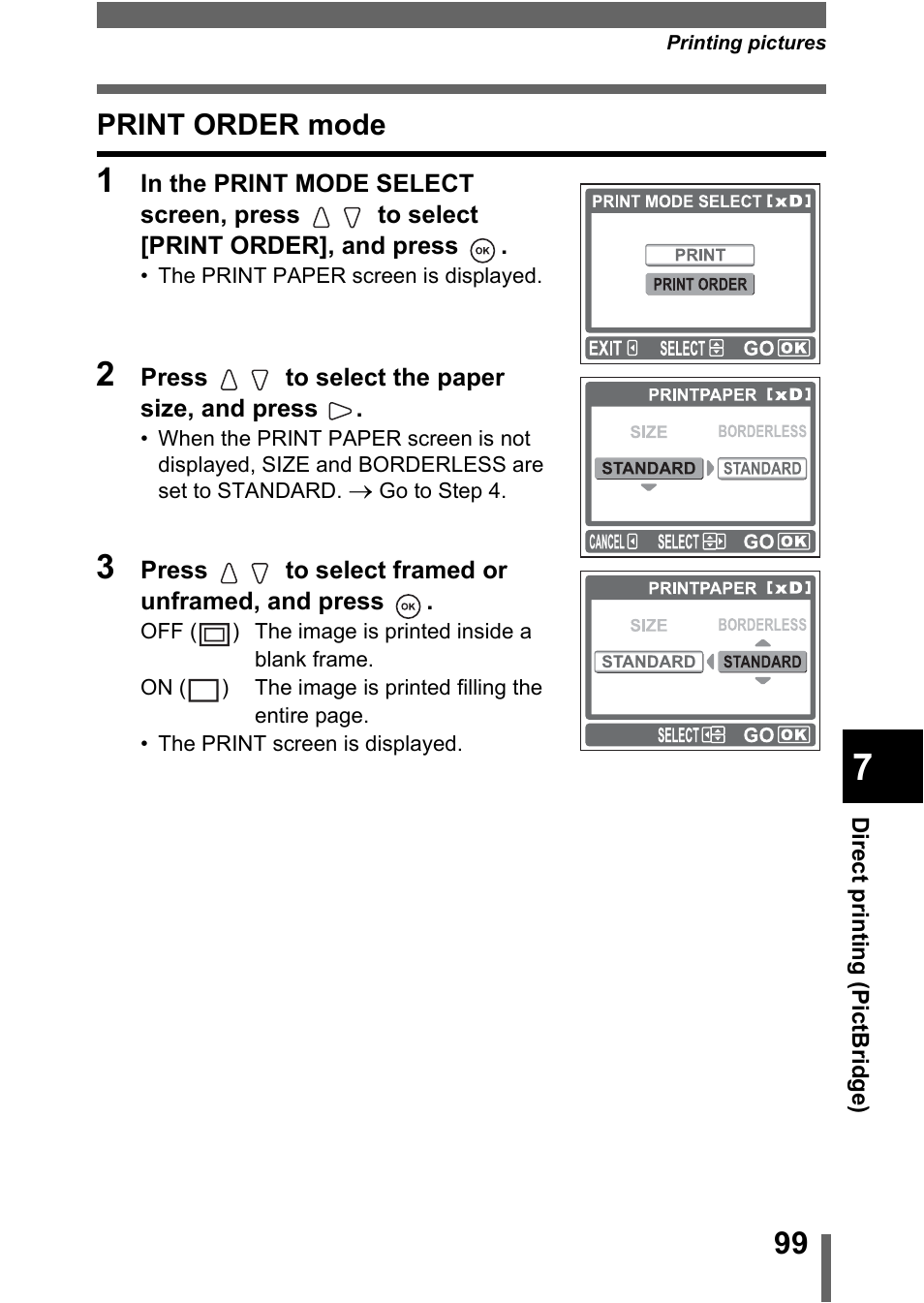 Print order mode, Print order mode" (p.99) | Olympus C-370 ZOOM User Manual | Page 99 / 144