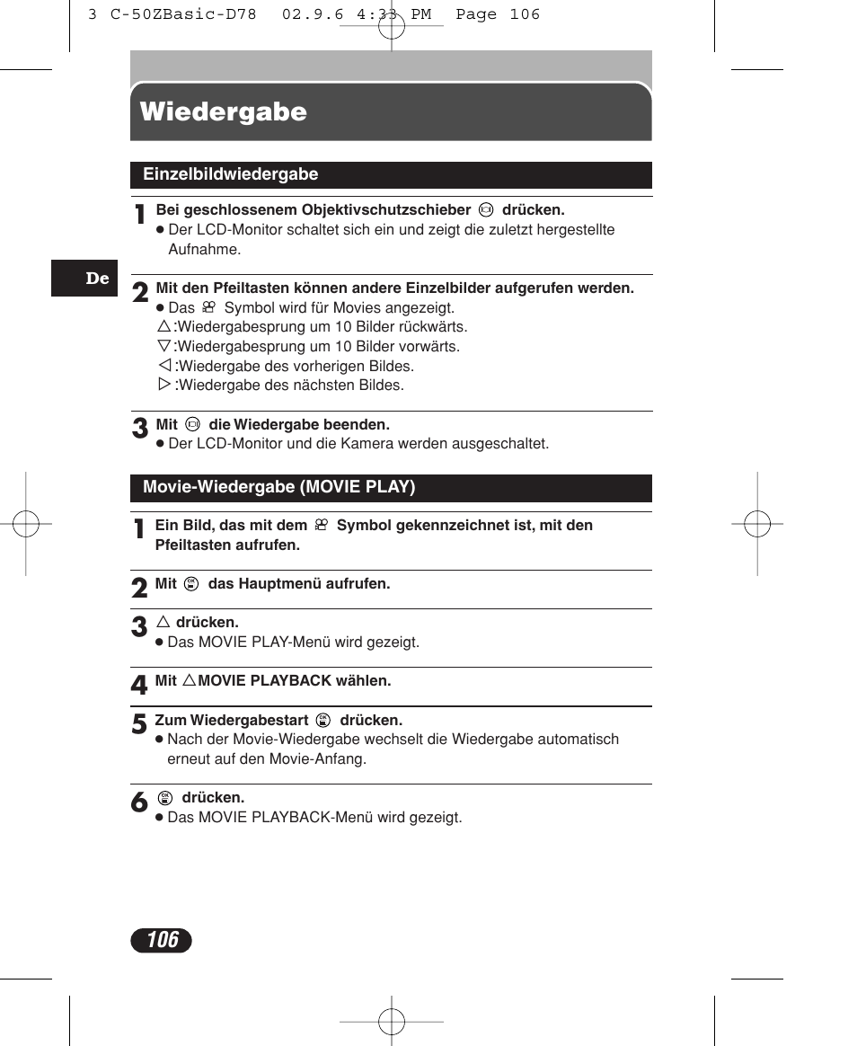 Wiedergabe | Olympus C-50 Zoom User Manual | Page 106 / 156