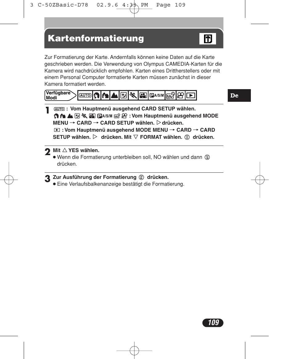Kartenformatierung | Olympus C-50 Zoom User Manual | Page 109 / 156