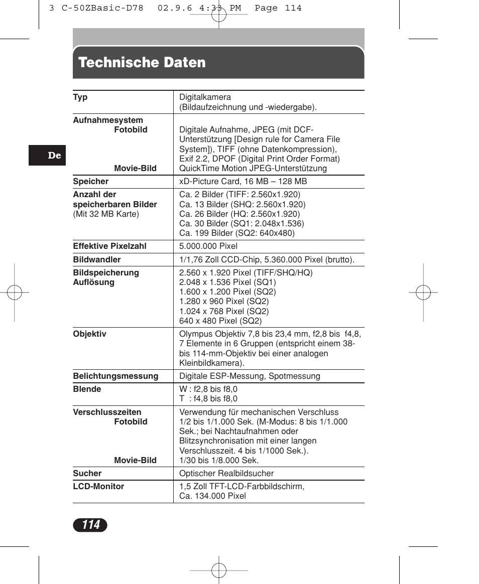 Technische daten | Olympus C-50 Zoom User Manual | Page 114 / 156