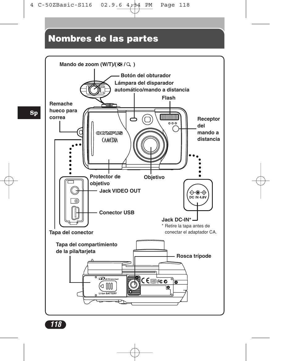 Nombres de las partes | Olympus C-50 Zoom User Manual | Page 118 / 156